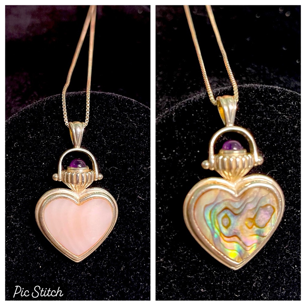 925S MOONSTONE & ABALONE HEART AND AMETHYST TOP STONE & REVERSIBLE NECKLACE